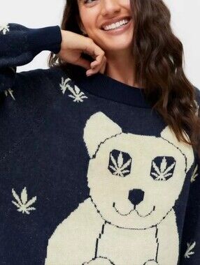 Urban Outfitters Navy Sweater with Cream Bear and Leaf Motif